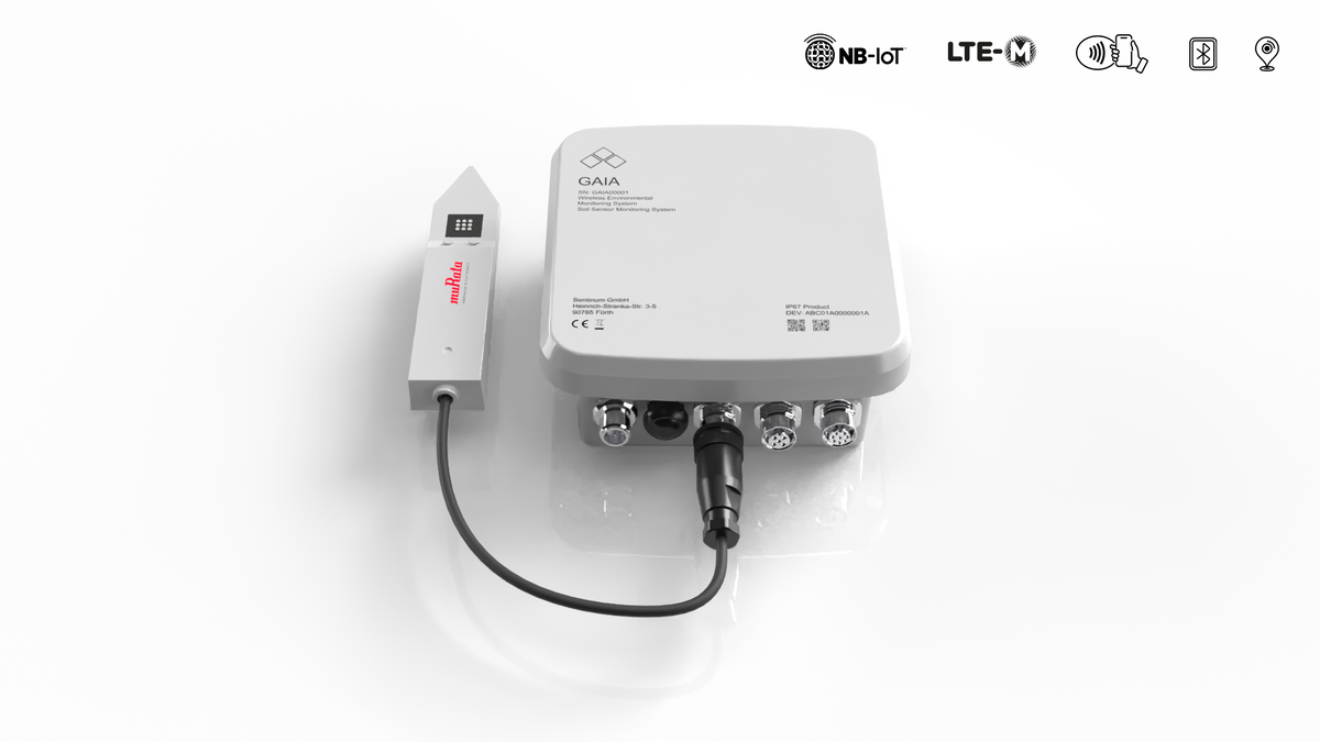 IoT Bodenfeuchtesensor nb-iot mobilfunk, Gaia Anschlussbox und Murata Bodensensor, bodenfeuchte messen
