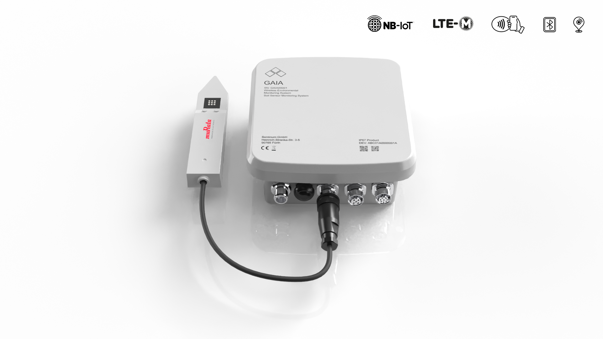 IoT Bodenfeuchtesensor nb-iot mobilfunk, Gaia Anschlussbox und Murata Bodensensor, bodenfeuchte messen