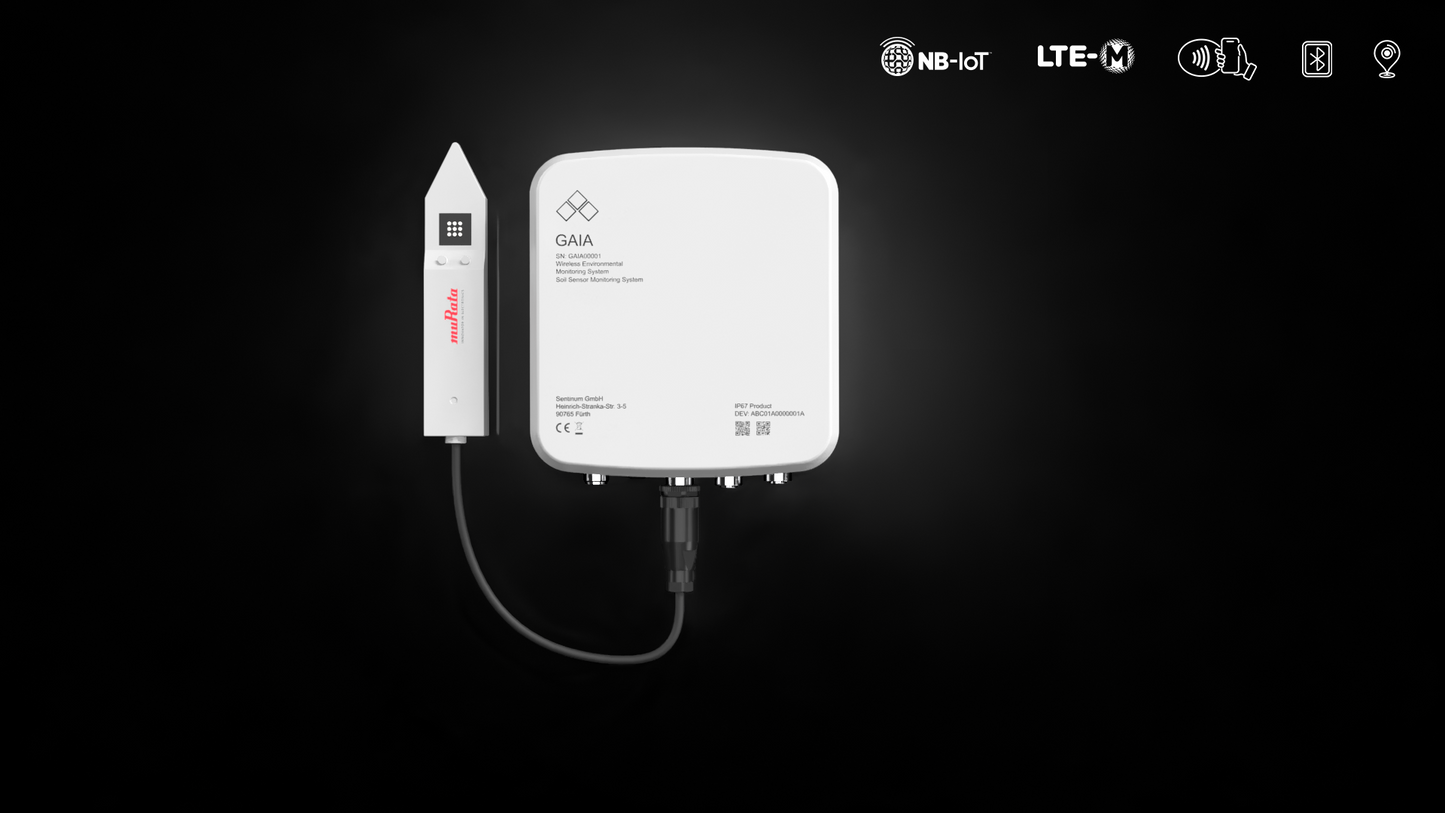 IoT Bodenfeuchtesensor nb-iot mobilfunk, Gaia Anschlussbox und Murata Bodensensor, bodenfeuchte messen